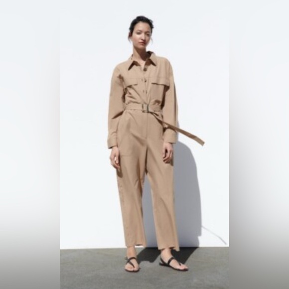 ZARA Sz L Boiler Suit Tan Belted Jumpsuit long Sleeve Patch Pockets Loose Leg - Picture 1 of 10